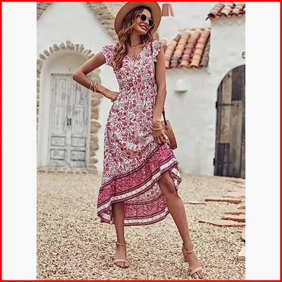 Summer Maxi Dress Floral V Neck Cap Sleeves Boho High Low Flowy Midi - Picture 5 of 7